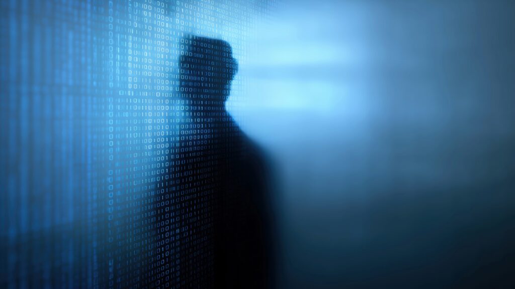 shadow figure in abstract technology background