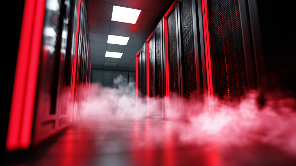 inside a data center glowing in red light