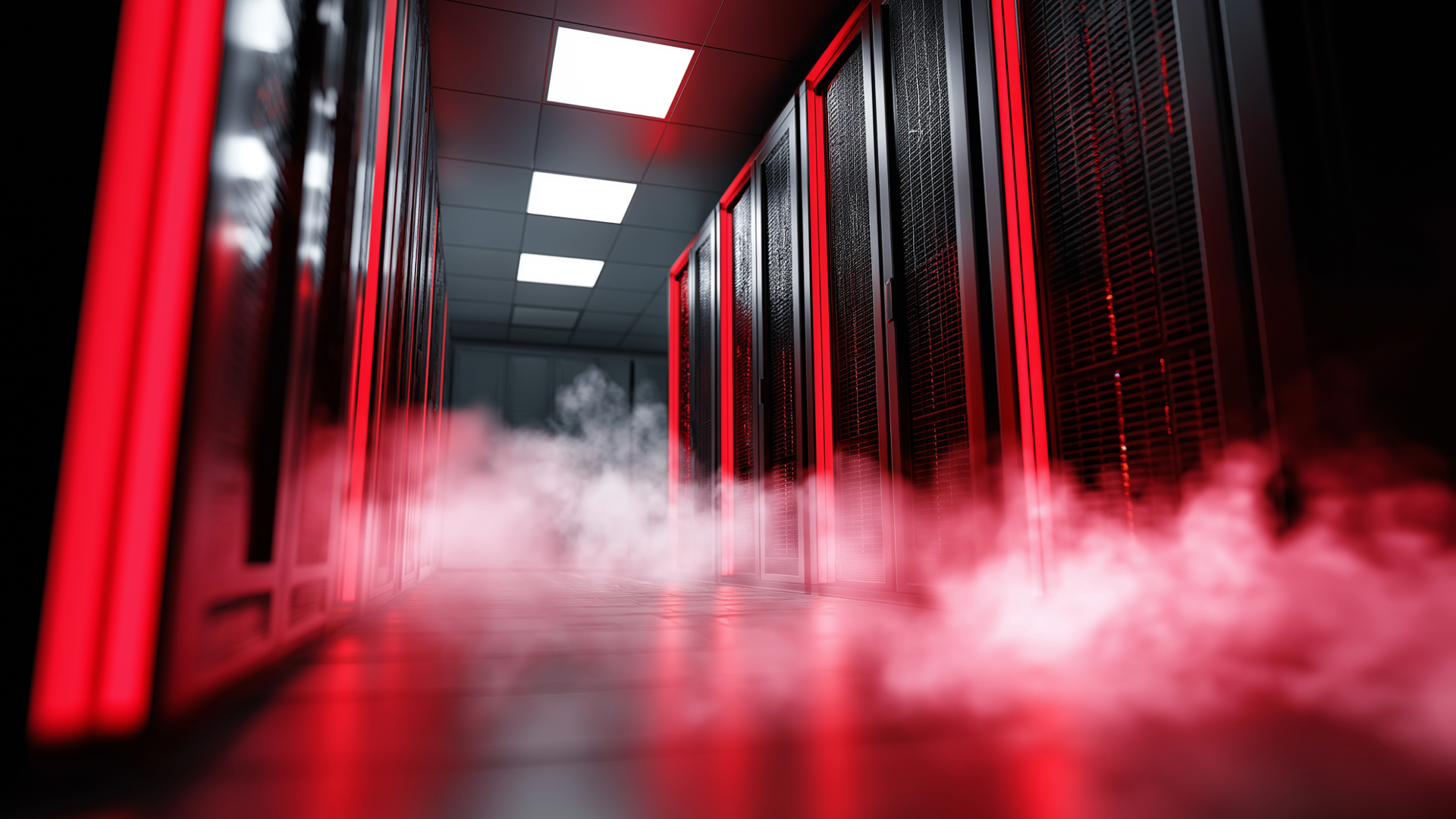 inside a data center glowing in red light